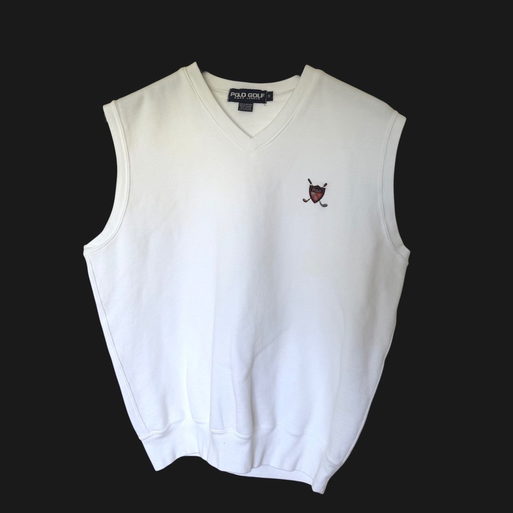 90's Polo Golf Ralph Lauren White V-Neck Sweatshirt Vest Crest Distressed Medium
